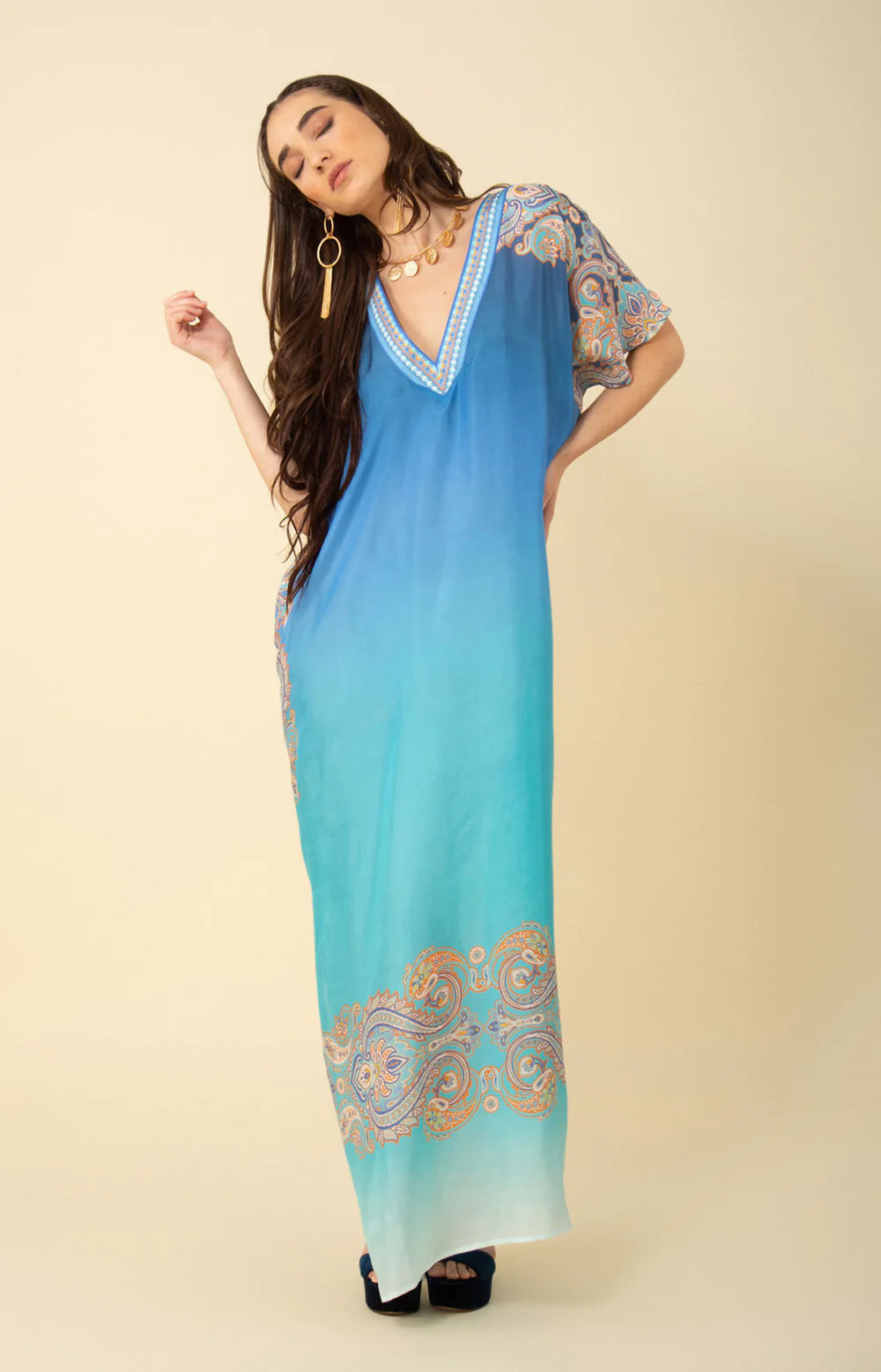 V Neck Caftan- Blue