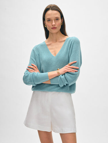 Cotton Linen Tipped V Neck - Soft Aqua/white