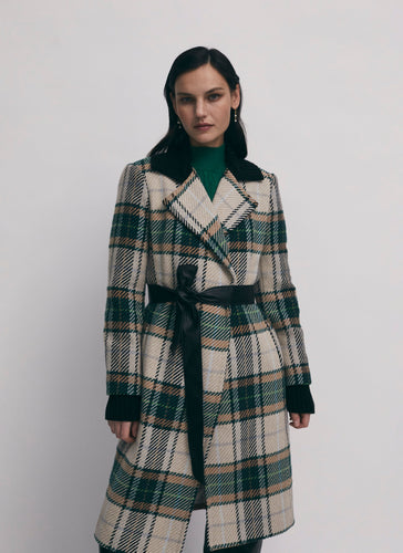 Long Plaid Coat w/ Rib Collar & Belt - Green Plaid