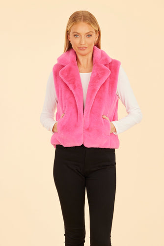 Plush Faux Fur Notch Color Vest - Pink